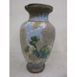 A enamel floor vase with hand painted scenes  (crude repairs to the damaged scenes ) damage around