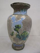 A enamel floor vase with hand painted scenes  (crude repairs to the damaged scenes ) damage around