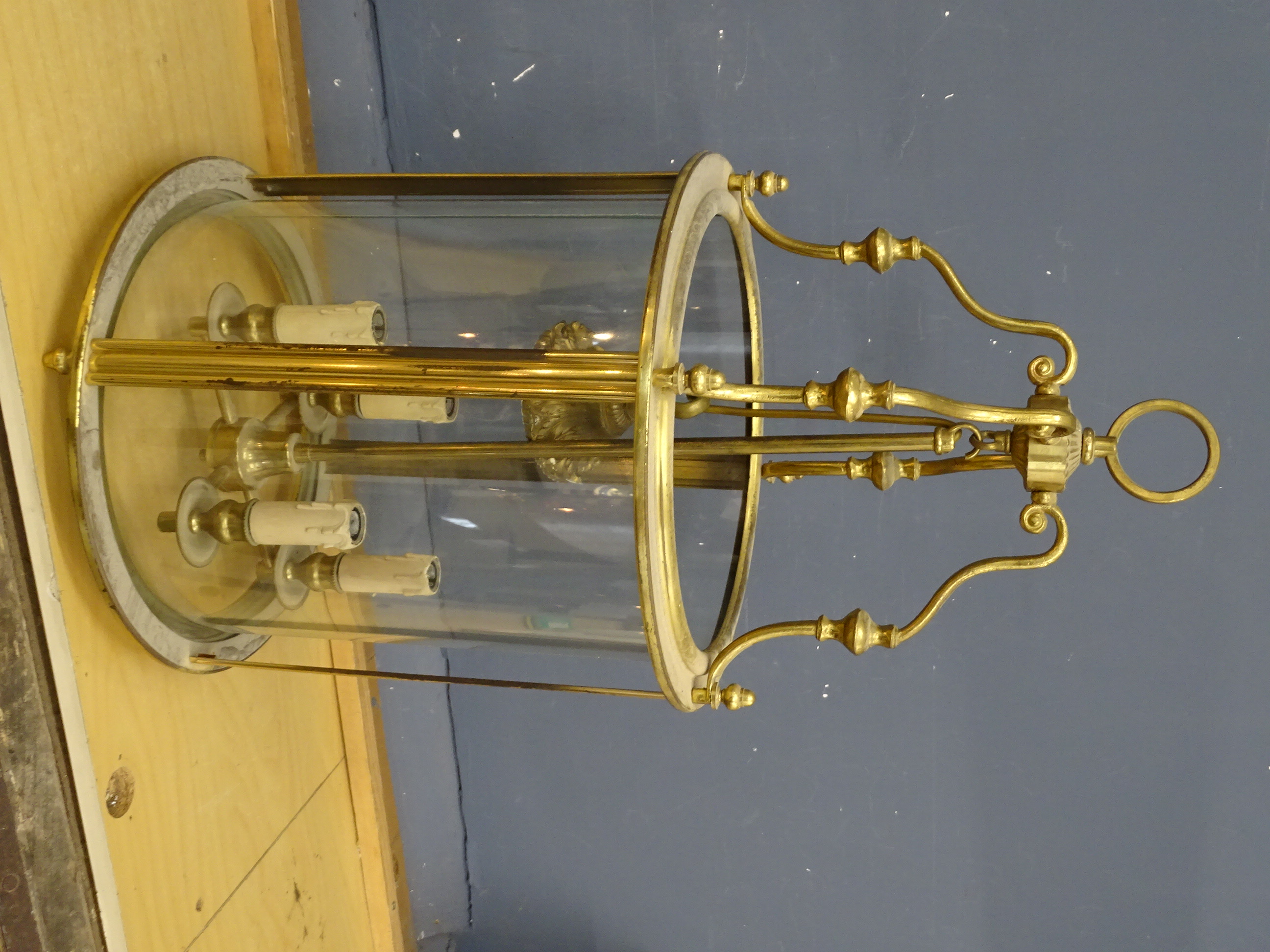 A brass cylinder hanging lantern with all glass intact H70cm Diameter 37cm approx