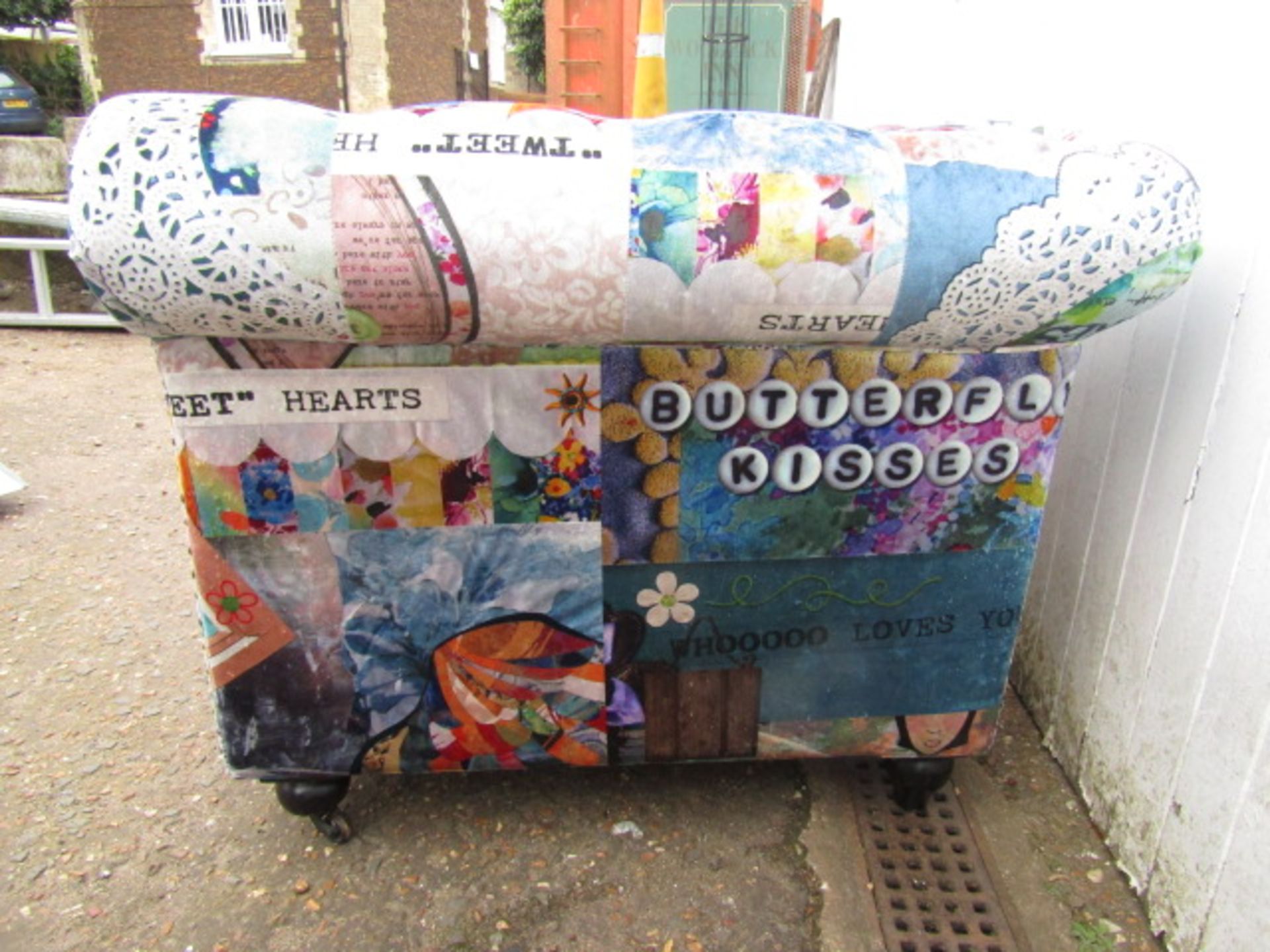 A velour patchwork style club chair in buttoned Chesterfield style  some slight plucks to upholstery - Image 4 of 7