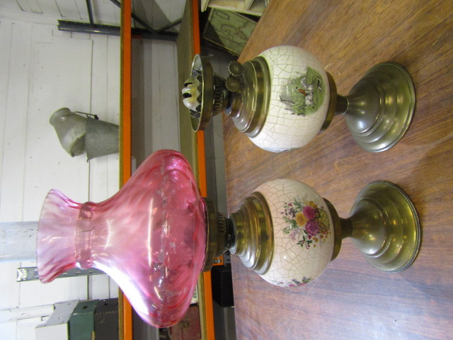 2 oil lamps with ceramic base one with shade