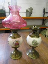 2 oil lamps with ceramic base one with shade