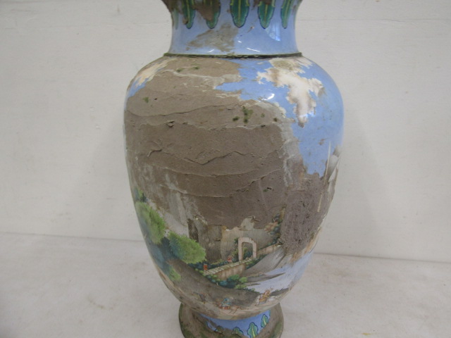 A enamel floor vase with hand painted scenes  (crude repairs to the damaged scenes ) damage around - Image 7 of 9
