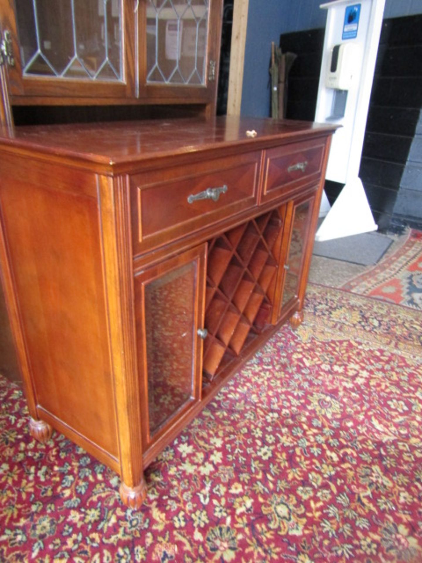 A sideboard with wine rack and glazed cupboards 107cmW 42cmD 84cmH - Image 2 of 2