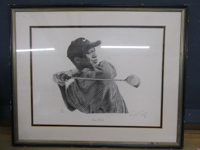Robin Elvin ltd edition print of Tiger Woods, numbered 26/850  59x49cm