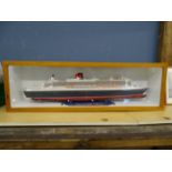 Cased Ocean Liner Queen Mary 2 model ship. Case size H29cm W94cm D17cm approx