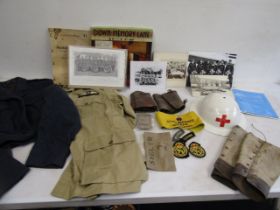 Militaria- leather garters, post war RAF blouse, re-enact RAF jacket, post war helmet, pack home