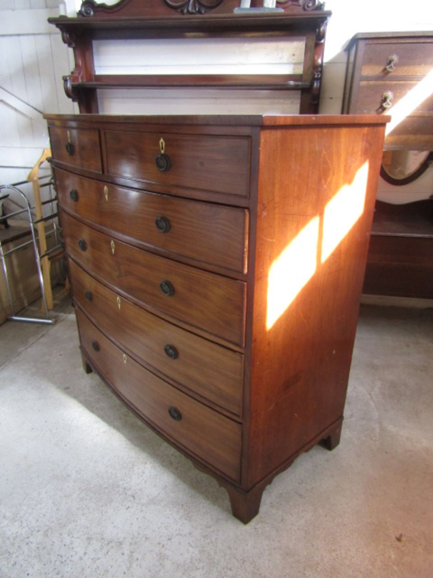 Antique bow fronted 2/4 chest of drawers with mother of pearl escutcheons 115cmW 57cmD 116cmH - Image 2 of 5