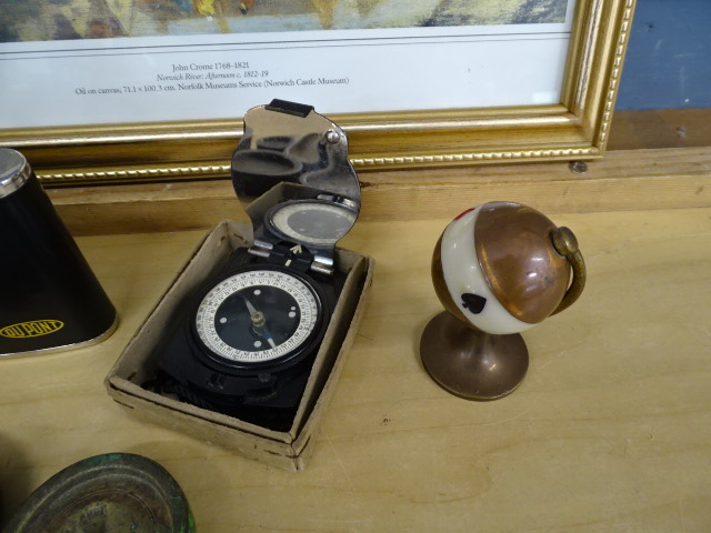 Wooden tea caddy, compass and hip flask etc - Image 2 of 7