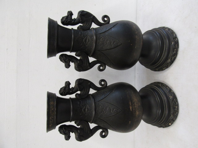 A pair black ceramic Oriental vases 38cmH
