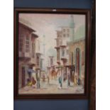 signed oil on board of an Egyptian town scene 69x58cm