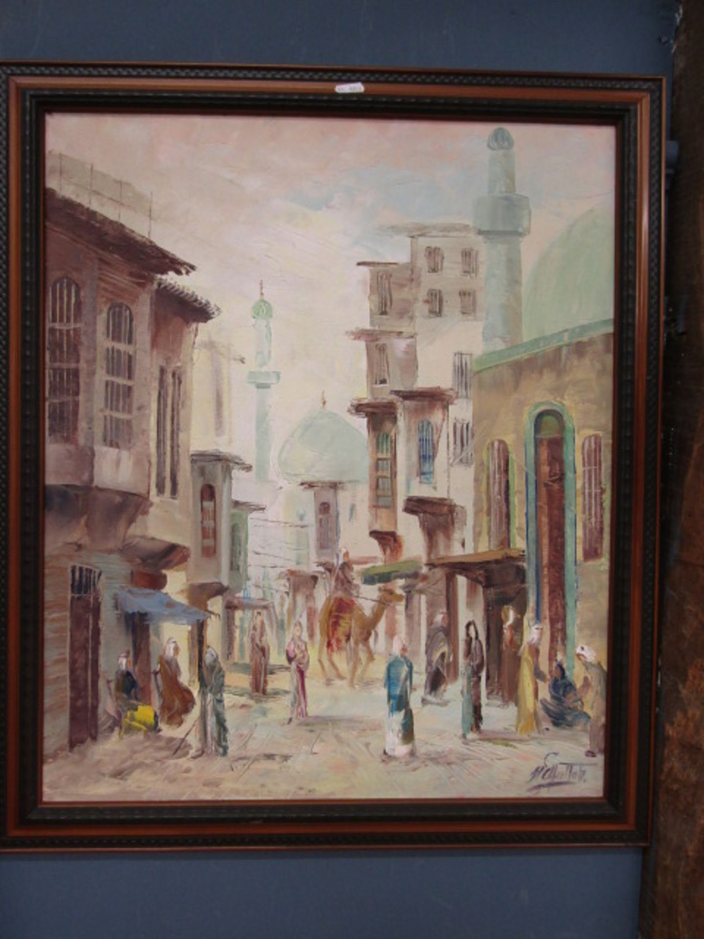 signed oil on board of an Egyptian town scene 69x58cm