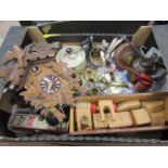 Cuckoo clock, metal wares, vintage tape measure and oil cans etc