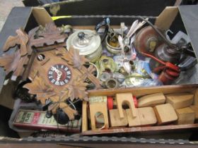 Cuckoo clock, metal wares, vintage tape measure and oil cans etc