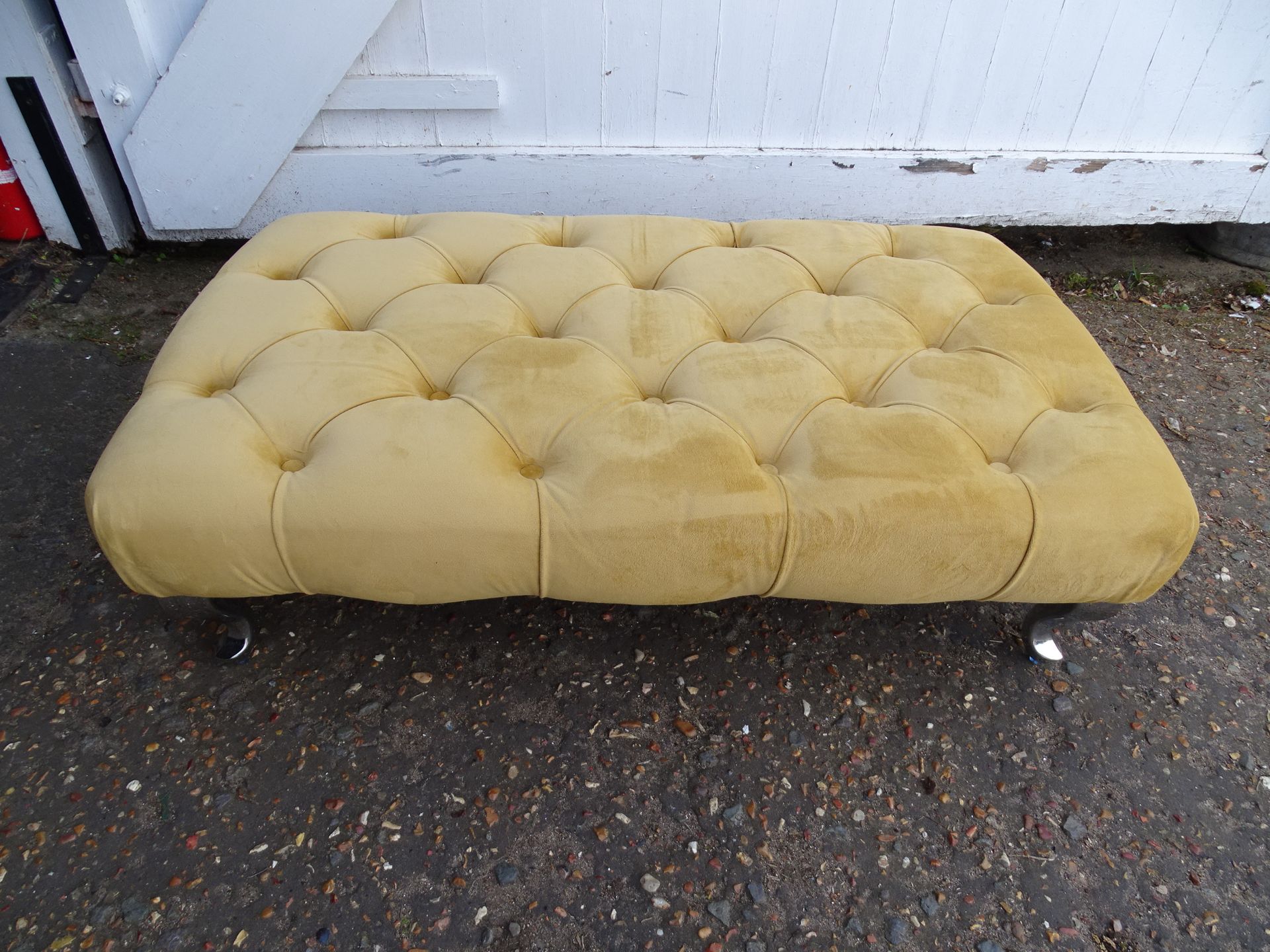 Buttoned velvet footstool with chrome legs H30cm Top 57cm x 98cm approx