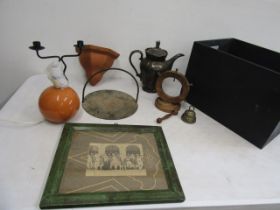 Box sundry items- lamp, cooking skillet, wall pocket etc