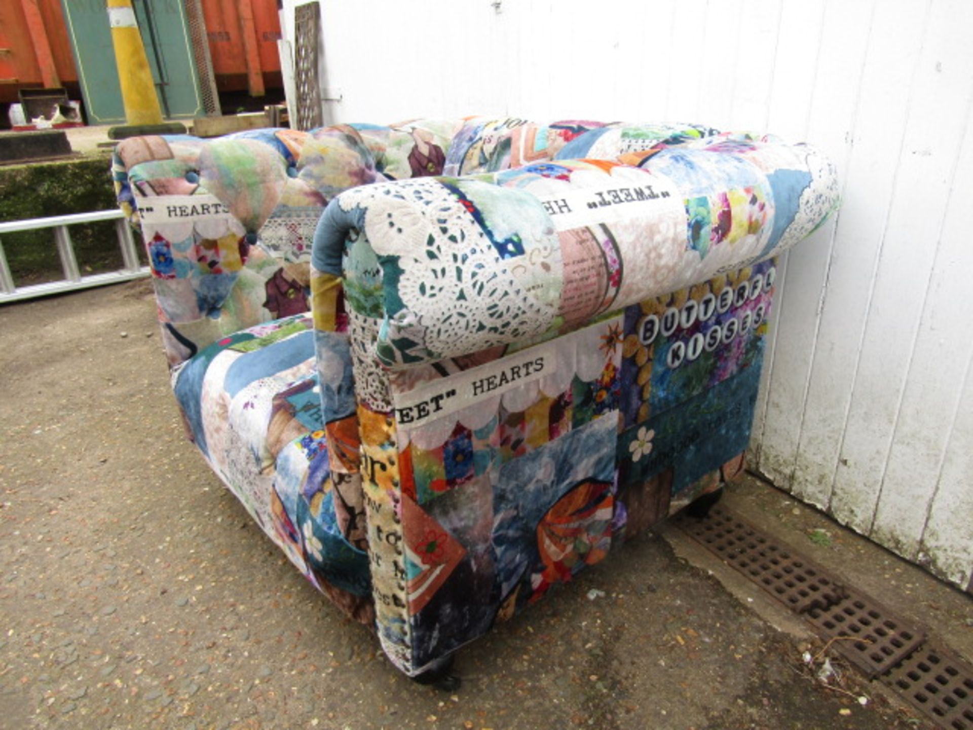 A velour patchwork style club chair in buttoned Chesterfield style  some slight plucks to upholstery - Image 3 of 7