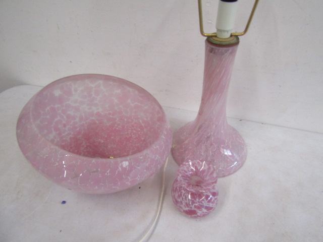 Pink glass lamp base, plafoniere and vase - Image 2 of 2