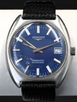 GENTLEMENS 'LONGINES' WRISTWATCH, round blue dial signed 'Longines, Conquest Automatic', baton