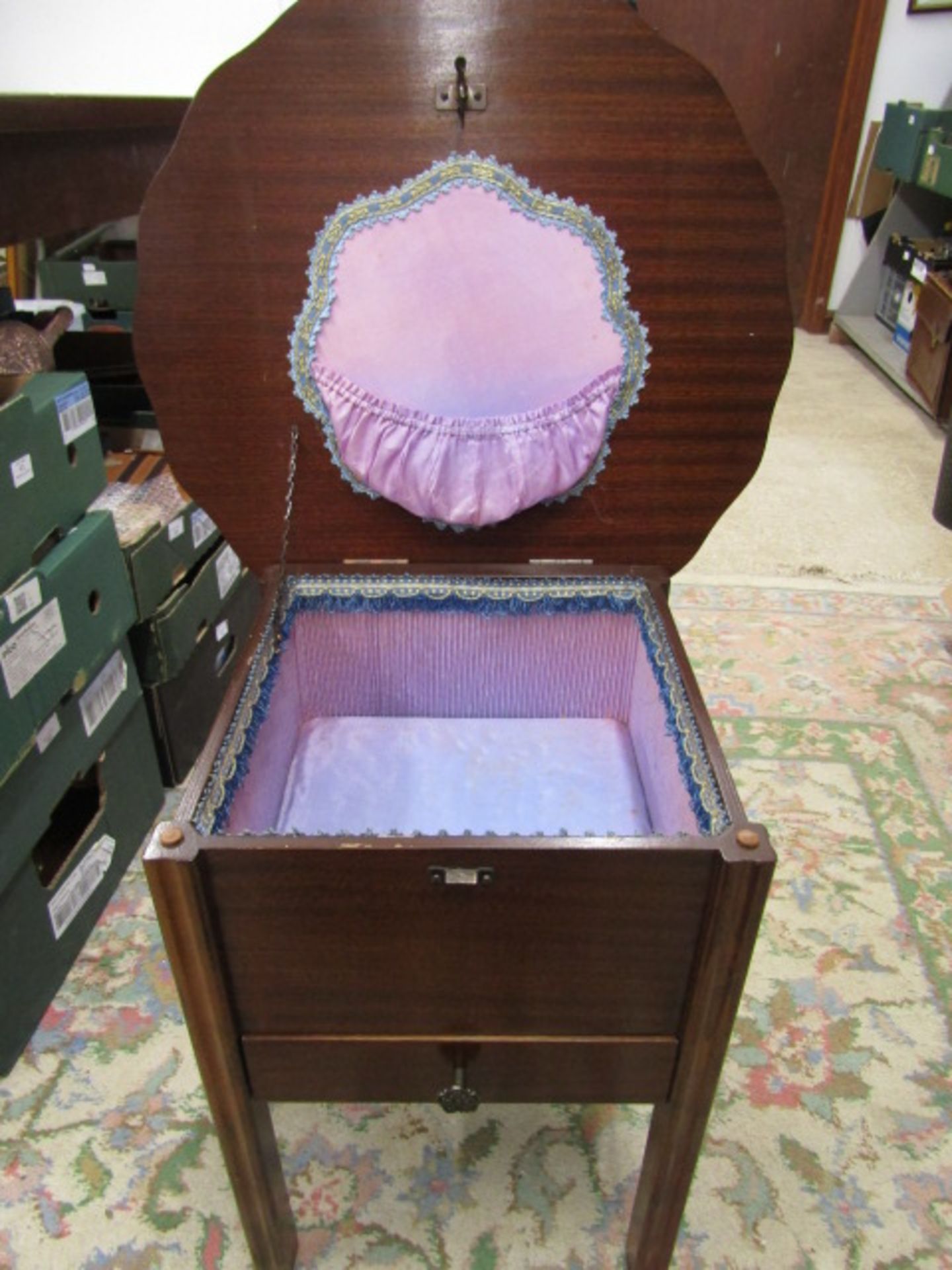 A sewing cabinet with material interior