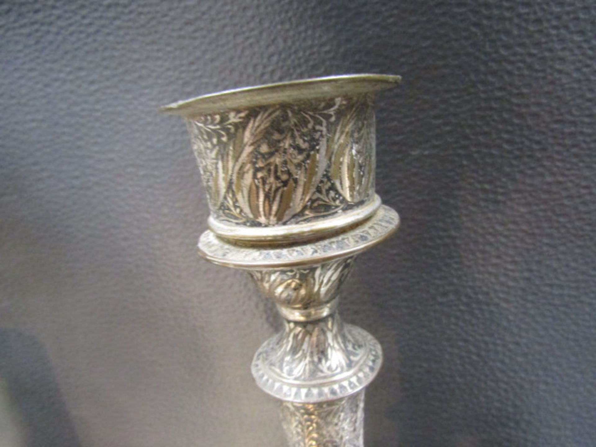 A pair bronze? inlaid Islamic? candlesticks  one needs repair - Image 6 of 6