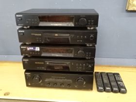 Sony stereo amplifier, Minidisc deck, DAB tuner, CD player and FM/AM tuner with 4 remotes from a