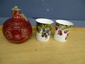 Sylvac beetroot lidded pot and 2 mugs