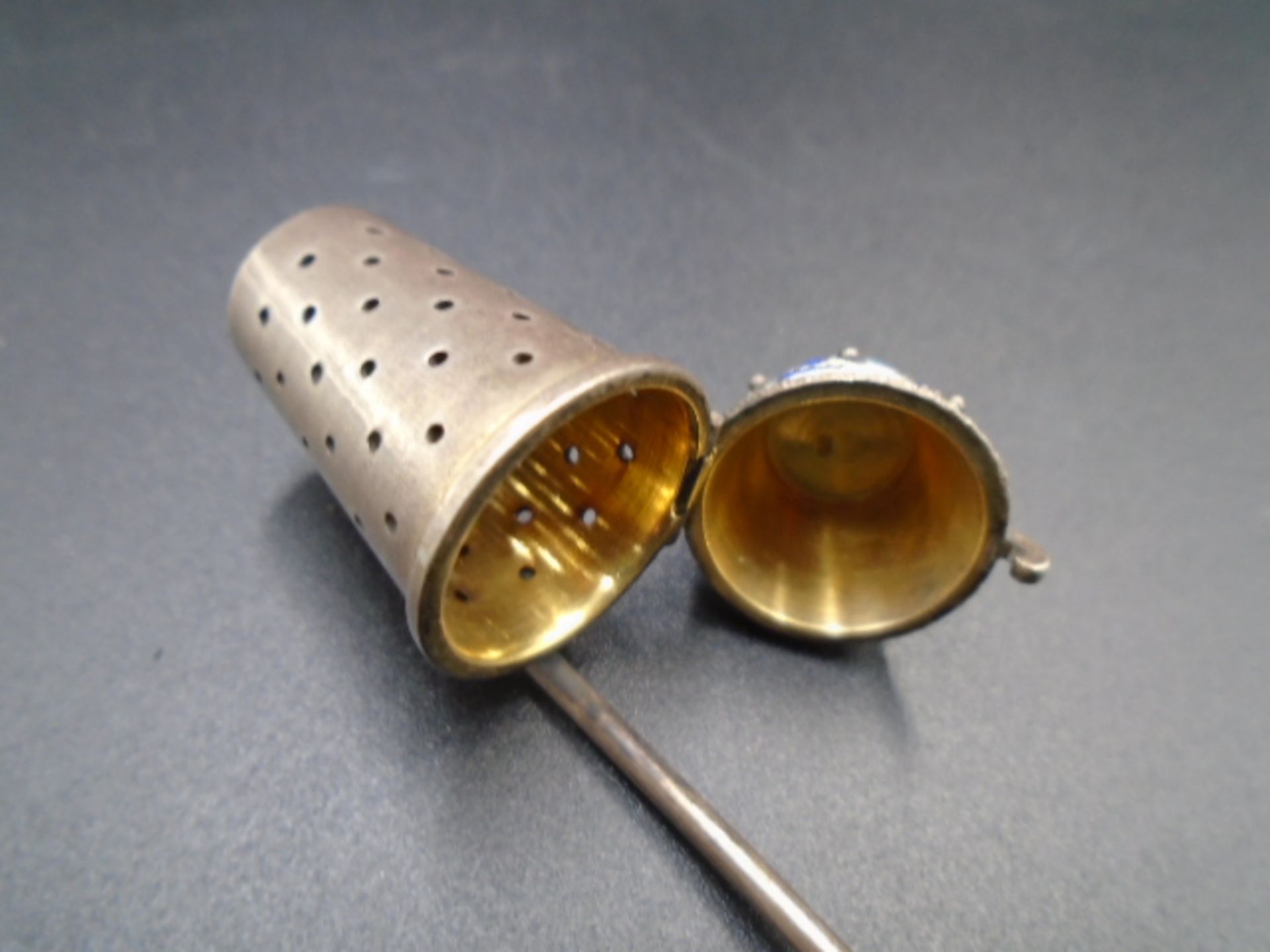 Russian silver 916 and enamel tea infuser, hallmarks to handle and interior top of the basket, - Image 2 of 5