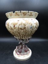 A vintage continental footed bowl with fish stem detail and bulrush reeds with gilded flowers 22cmH