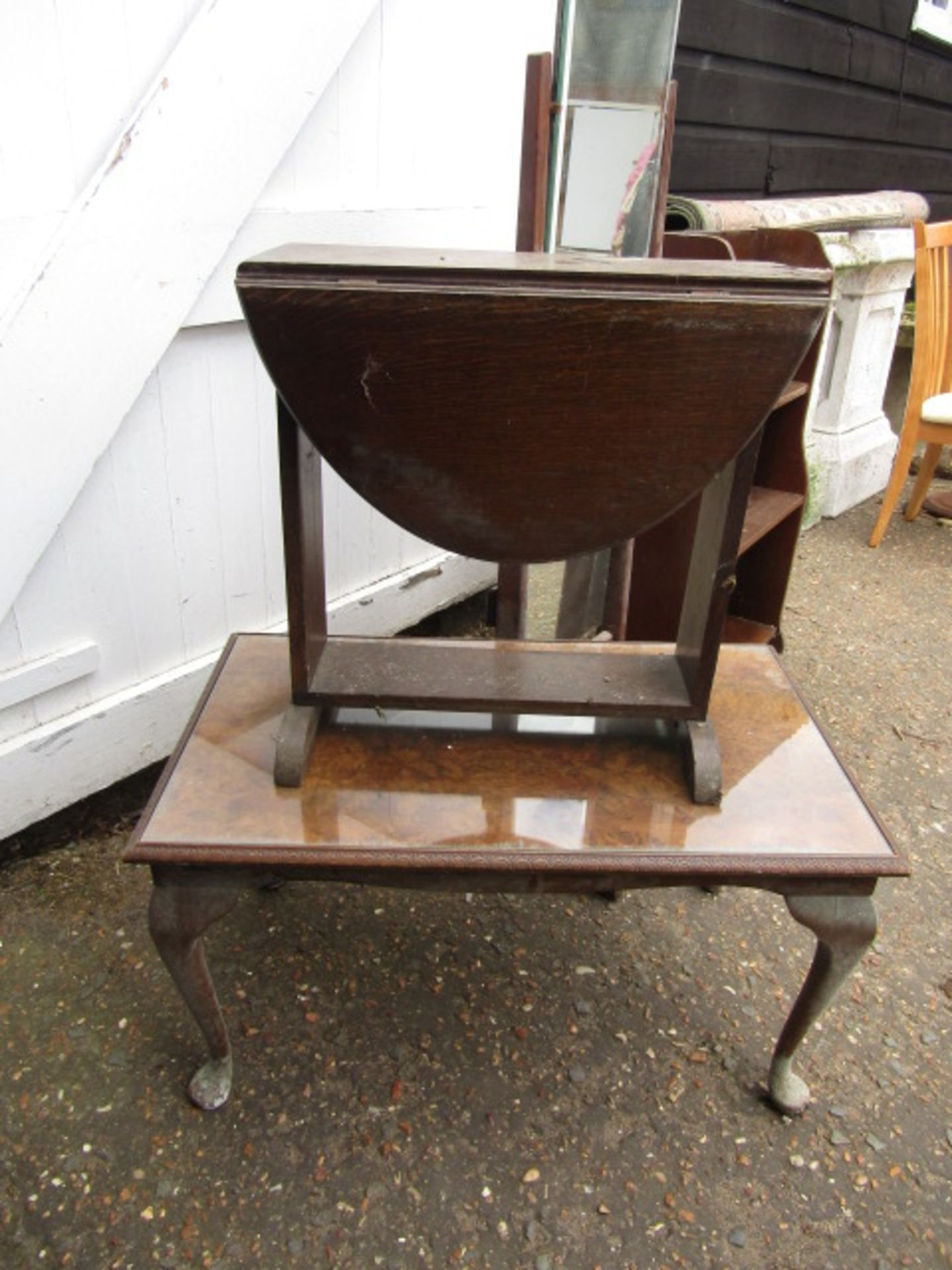 Bookcase, burr walnut veneer coffee table, drop leaf table and mirror - Image 2 of 6