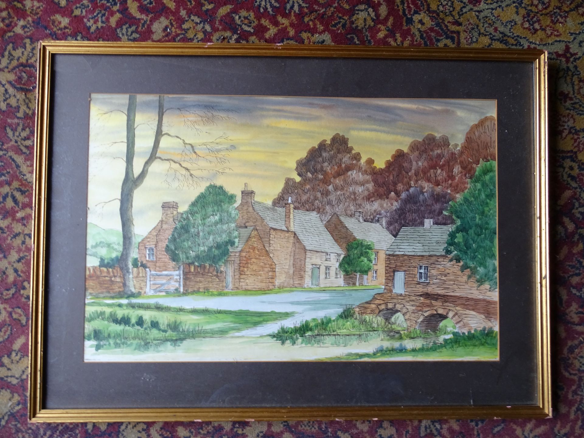 Mixed media picture of a rural scene, signed bottom right, framed and glazed 53cm x 73cm approx