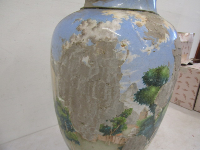 A enamel floor vase with hand painted scenes  (crude repairs to the damaged scenes ) damage around - Image 4 of 9