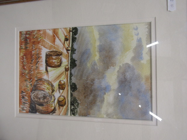 Gill Baguley oil and watercolour paintings of Norfolk scenes 50x43cm (fields) 33x43cm (9Hay bales) - Image 3 of 4