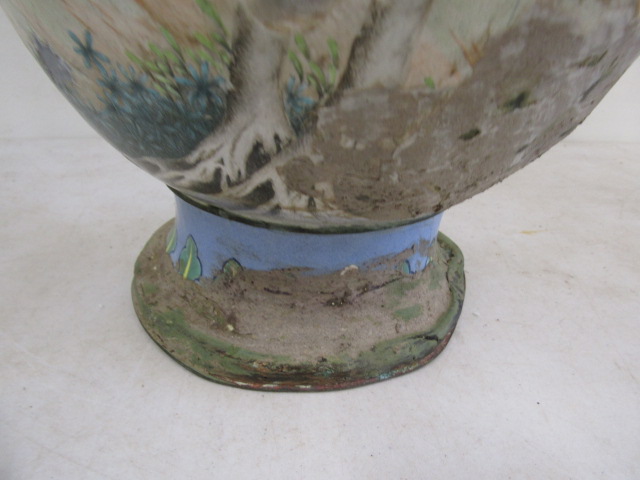 A enamel floor vase with hand painted scenes  (crude repairs to the damaged scenes ) damage around - Image 2 of 9