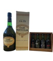 Bottle of Croft Particular Sherry 75cl 17.5%vol. in box and four miniture St Michael port bottles.