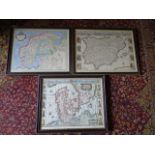 3 hand finished  Maps Finland/Switzerland, Denmark and Spain, framed and glazed (one has broken