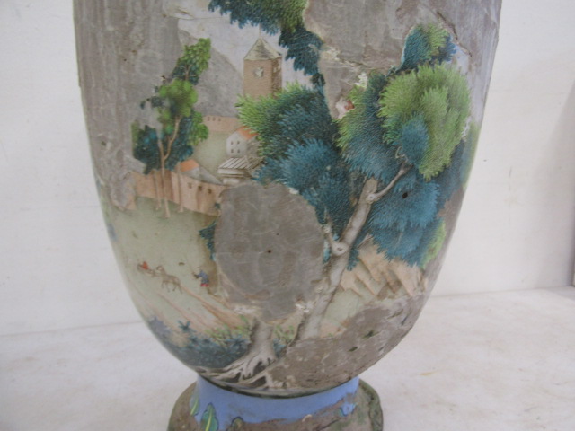 A enamel floor vase with hand painted scenes  (crude repairs to the damaged scenes ) damage around - Image 3 of 9