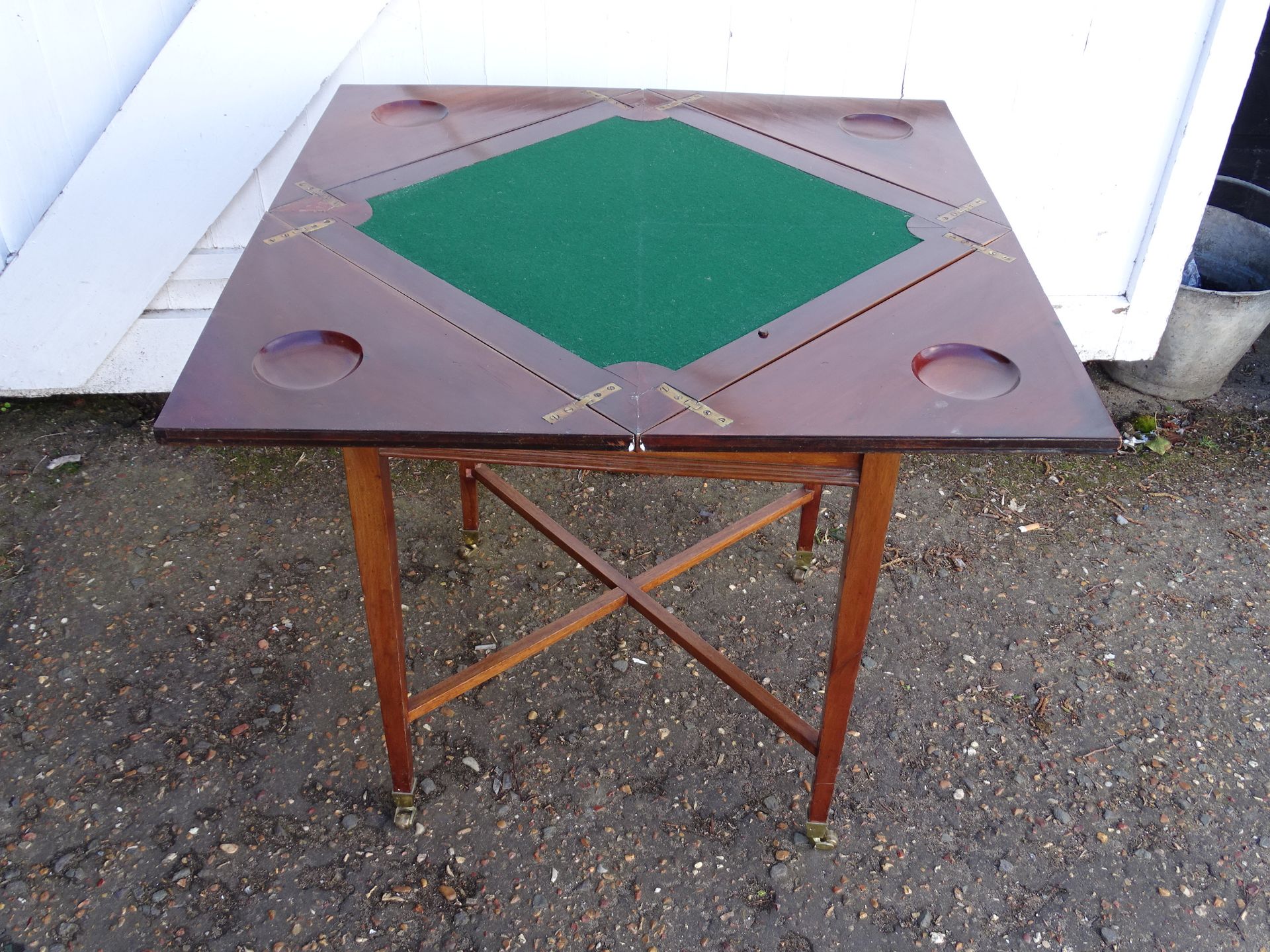 19th Century mahogany envelope card table with drawer on brass castors H70cm Top 56cm x 56cm approx - Image 3 of 10