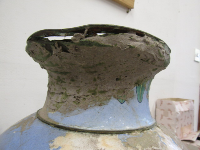 A enamel floor vase with hand painted scenes  (crude repairs to the damaged scenes ) damage around - Image 5 of 9