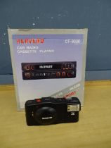 Boxed Harvard car radio cassette player and Olympus camera from a house clearance