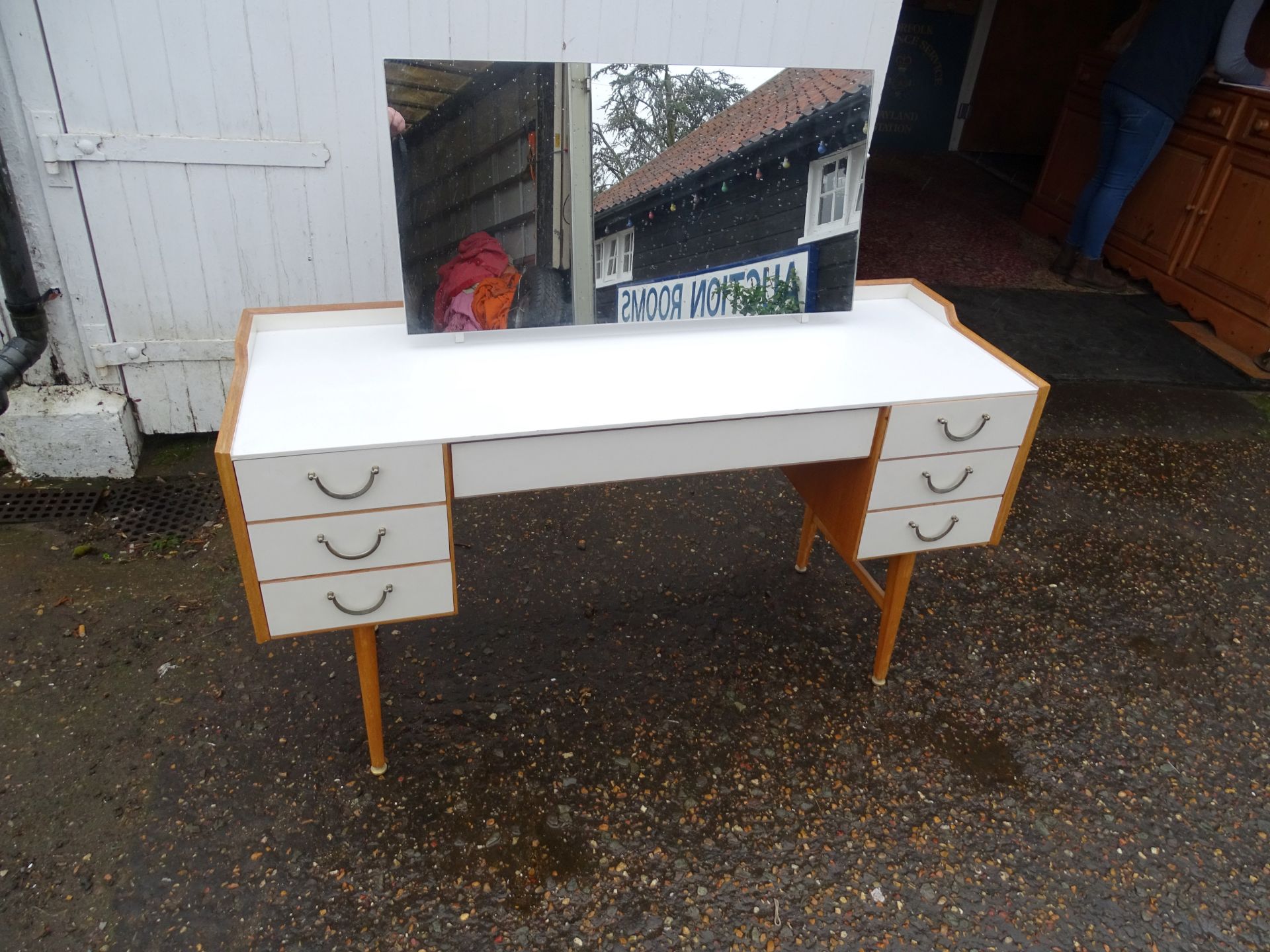 Mid century dressing table with mirror H73cm W130cm D40cm approx