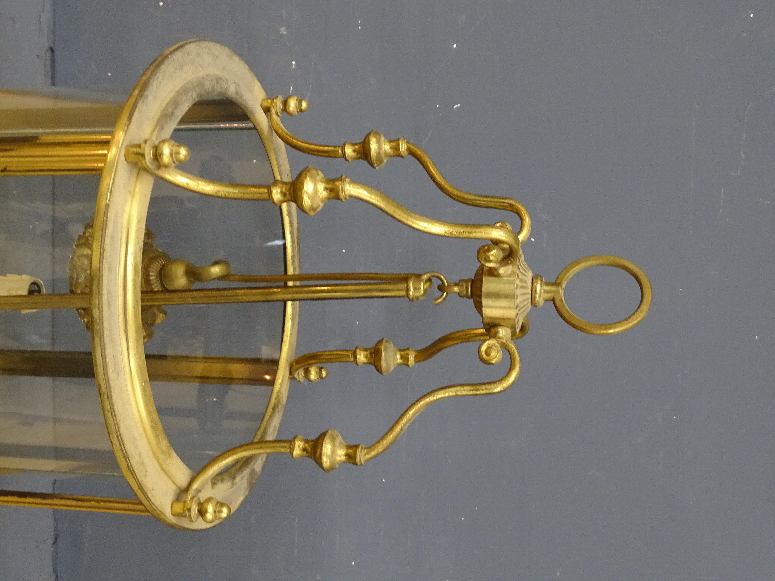 A brass cylinder hanging lantern with all glass intact H70cm Diameter 37cm approx - Image 3 of 3