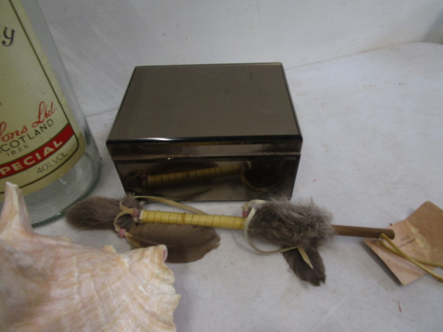 Collectors lot to inc Carved walking cane, large Bells whiskey bottle, mirrored jewellery box, - Image 4 of 5