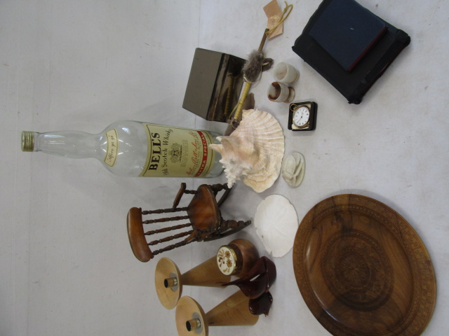 Collectors lot to inc Carved walking cane, large Bells whiskey bottle, mirrored jewellery box,