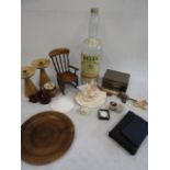 Collectors lot to inc Carved walking cane, large Bells whiskey bottle, mirrored jewellery box,