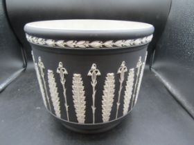 A black Wedgwood plant pot 23cmH 25cmDia in good condition with no damage or repairs, a few scuff