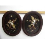 2 Shibayama plaques of birds in mother of pearl 3D design with lacquered style frames 54cmH