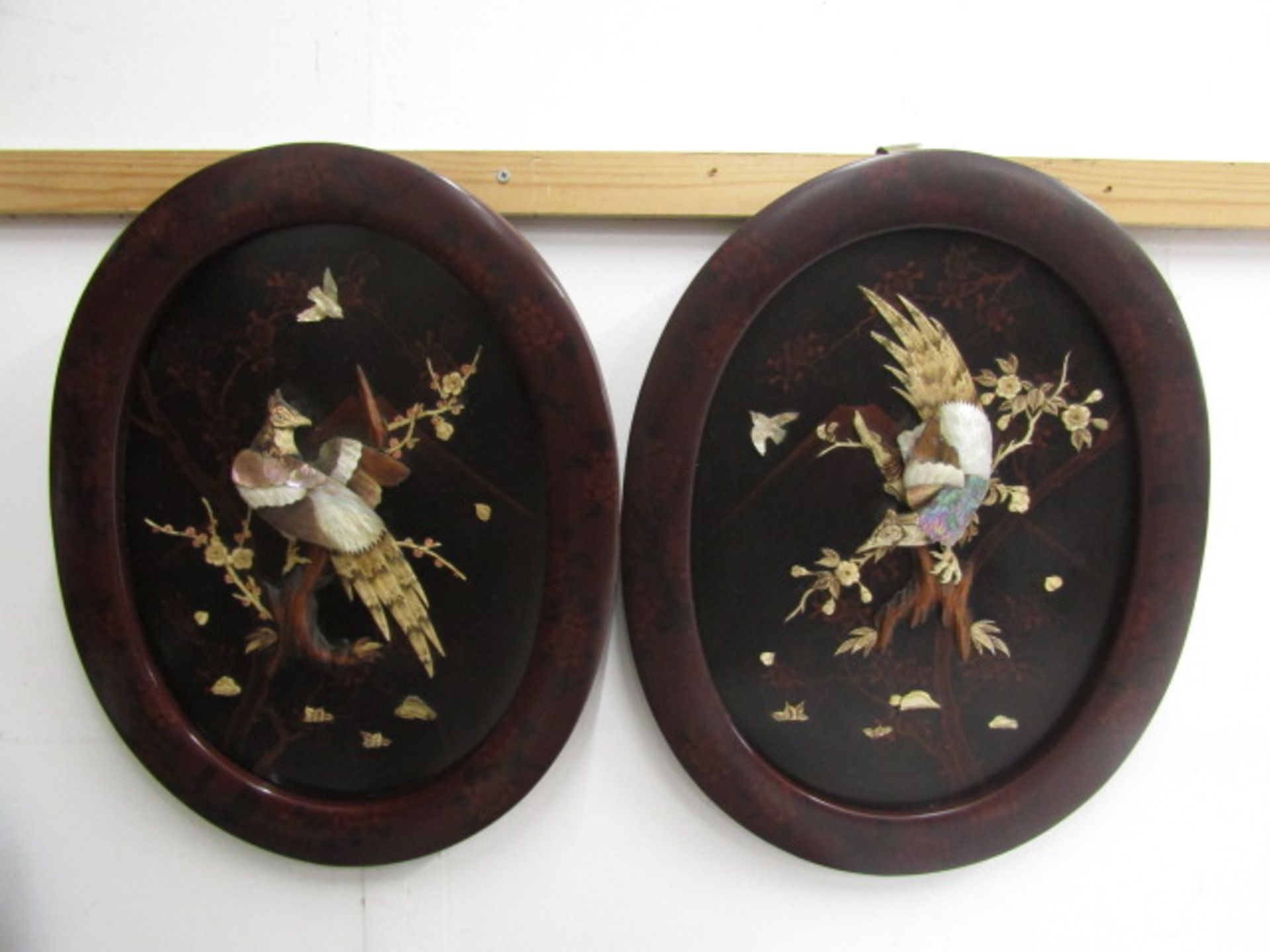 2 Shibayama plaques of birds in mother of pearl 3D design with lacquered style frames 54cmH