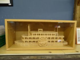 Cased model American steam paddle boat. Case size H37cm W85cm D28cm approx