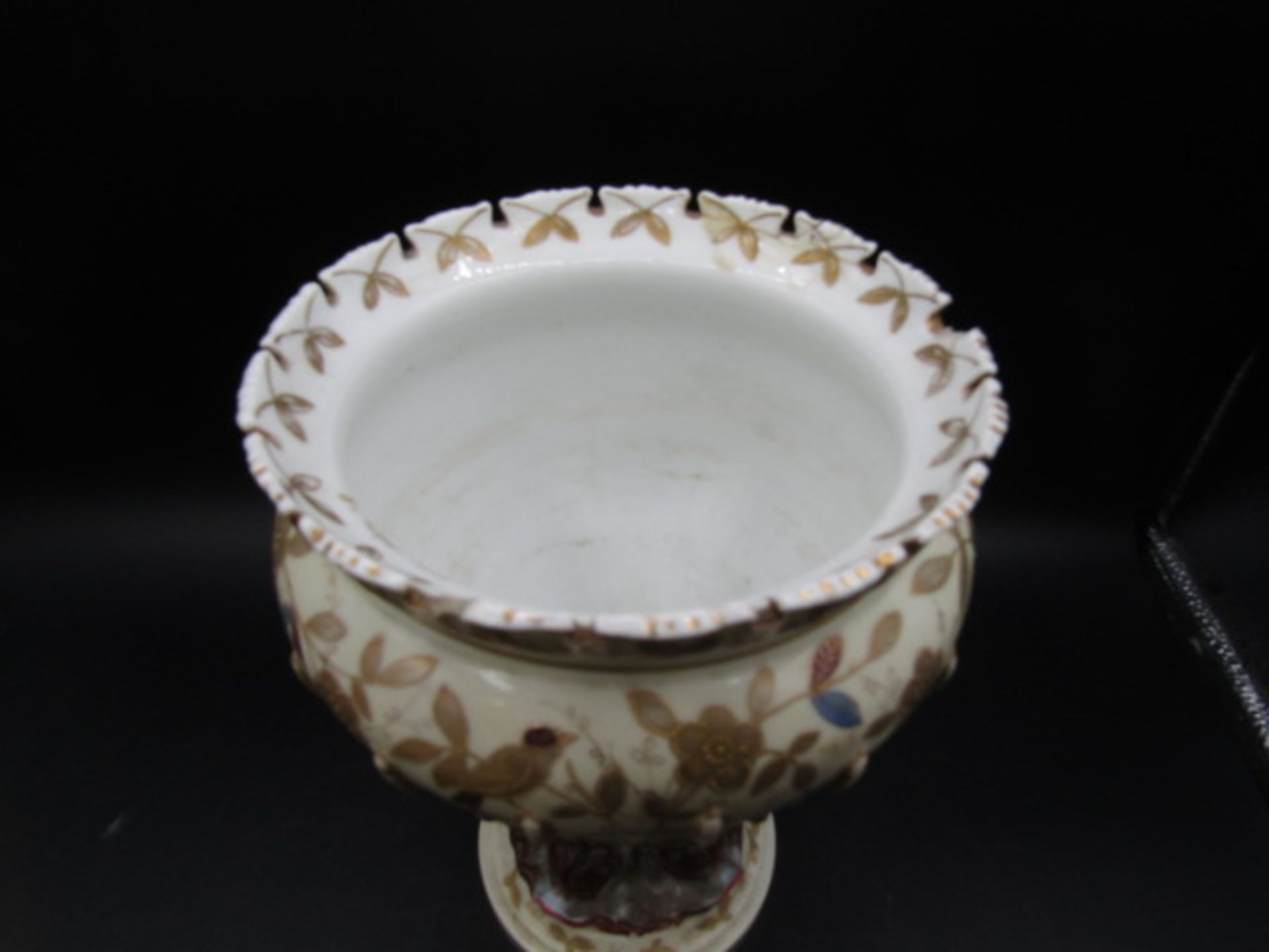 A vintage continental footed bowl with fish stem detail and bulrush reeds with gilded flowers 22cmH - Image 2 of 4
